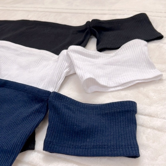 Off The Shoulder Ribbed Tube Crop Top with sleeves in Black White & Blue - Picture 3 of 7